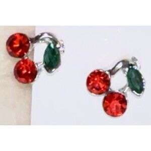 Cherries Earrings With  Rhinestone Crystal Green  Red Cherry Jewelry